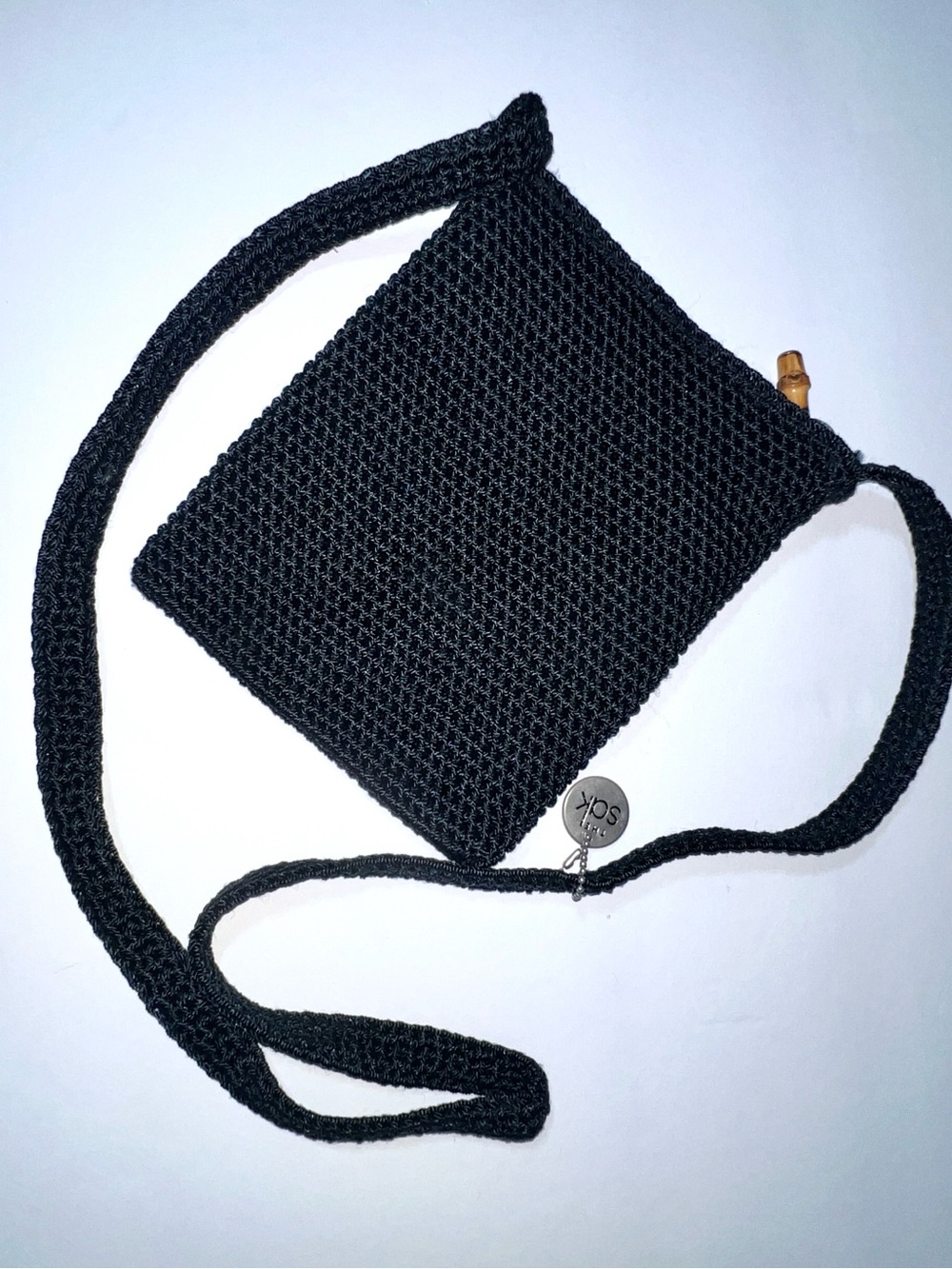 The Sak Vintage Black Hand-Crochet Crossbody Purse Bag Bamboo Zipper Pull Y2K - Picture 9 of 14